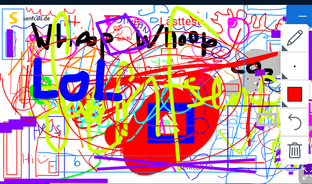 Die Präsentationsansicht von BigBlueButton auf der mithilfe der gemeinsam-Zeichnen-Funktion von BigBlueButton Whoop Whoop, Lol, Haus und Lasttest geschrieben ist und außerdem jede Menge gekritzel... ähh... ich meine jede Menge innovative und Moderne Kunst zu sehen ist.