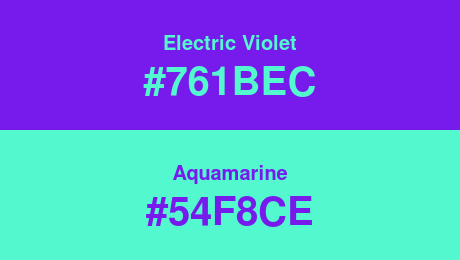 Electric Violet (#761BEC) and Aquamarine (#54F8CE)