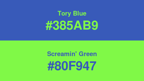 Tory Blue (#385AB9) and Screamin' Green (#80F947)