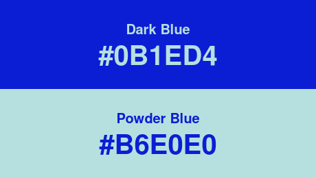 Dark Blue (#0B1ED4) and Powder Blue (#B6E0E0)