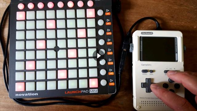 novation launchpad mini plugged in to a clockworkpi gameshell console running midi enabled griode musical instrument
