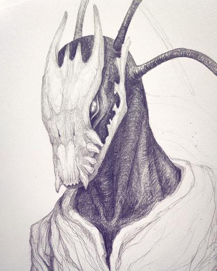 wip, pencil drawing of an alien creature with exoskeleton and a head that resembles a skull