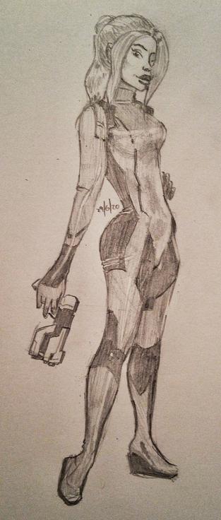 Sketch of Samus Aran in her zero suit holding a blaster
