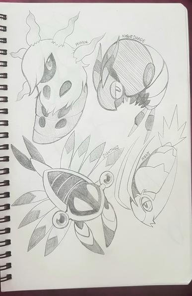 Pencil sketches of Larvesta, Venipede, Anorith, Wimpod
