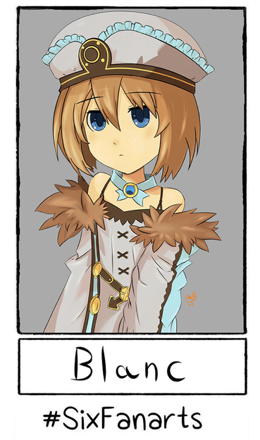 An anime girl, from a video game. She has a poofy white hat, with blue lace, and gold details. her top matches. It's sleeveless, but then she wears unattached, giant sleeves that are fur-lined. She has golden hair, and blue eyes. She wears a blue choler/collar necklace with what appears to be a sapphire in it.