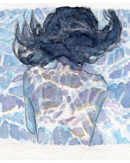 Aquarelle représentant une personne sous l'eau, de dos (nu), les cheveux flotant, de nombreux reflets de lumière visibles.