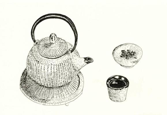 Drawing: A tea pot, a little cup and some dry tea in a small bowl.
