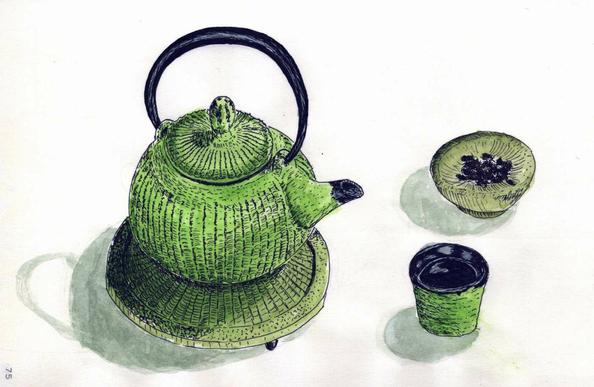 Drawing / painting: An iron tea pot, a little cup and a small bowl with dried tea leaves