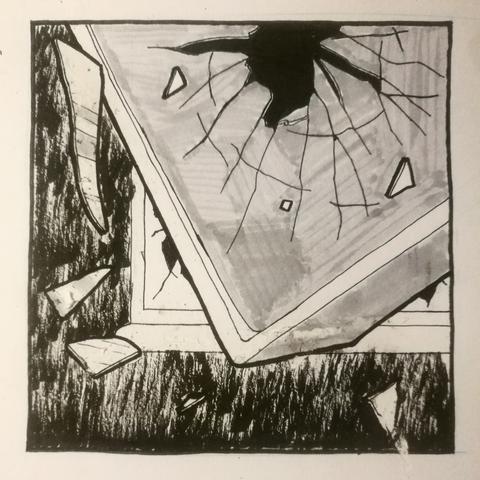 Ink drawing of a smashed TV being thrown out of a window