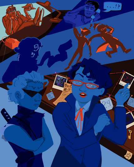 Noir-aesthetic flat coloured blue, brown and orange digital illustration of Jane Crocker investigating a case, having Dirk as her assistant. There's easter eggs everywhere, Roxy and Jake are also there, I'm not doing an exhaustive job at describing it because it would take forever I'm sorry.