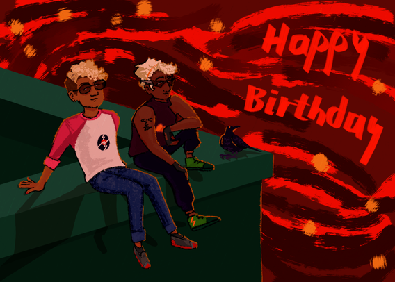 Dave and Dirk Strider precariously sit on a rooftop looking at the sky accompanied by a crow
In the sky it reads "Happy Birthday"