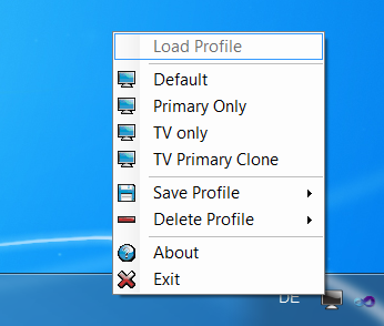 Screenshot of the tiny Windows Application MonitorSwitcher in action showing a menu with different custom multi-monitor set-up profiles