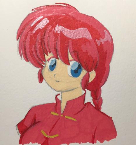 traditional artwork, acrylic marker, Ranma-chan from Ranma 1/2, girl with red braided hair, blue eyes and red eyeliner, wearing a red shirt