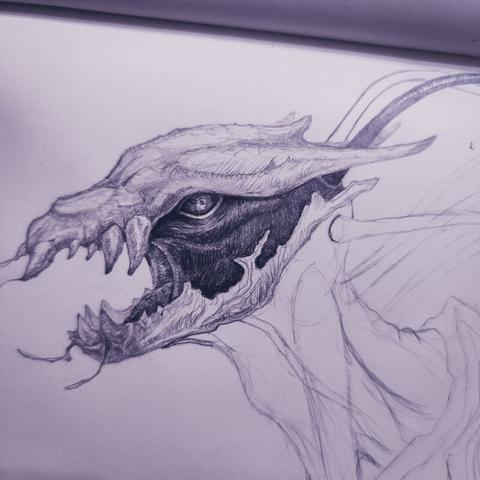 a bust of a screaming alien creature with exoskeleton drawn in side view. the head looks like a skull with big teeth. also there are tendrils sticking out at the back of their head and neck.