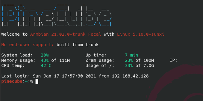 PineCube Armbian shell session displaying the login banner with some performance stats.