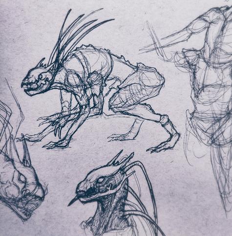 multiple rough scribbles of an alien creature. one is crawling on their hands and feet. another one is showing their tongue. and a very fast scribble-creature is screaming on the left. also there are some indistinct lines on the right where I miscalculated badly while drawing, so I stayed with those lines x)