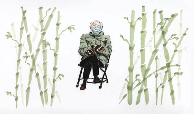 Drawing/Painting: Bernie Sandrers sitting on a chair with mittens in the midst of a bamboo forest