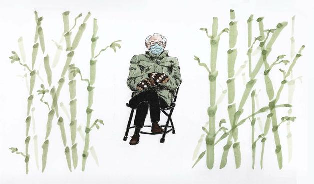 Drawing/Painting: Bernie Sandrers sitting on a chair with mittens in the midst of a bamboo forest
