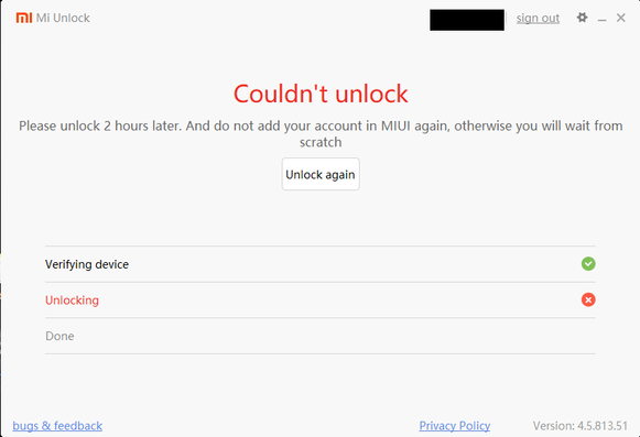 Screenshot of Xiaomi's Bootloader Unlock App, telling me to wait an arbitrary amount of time in a rather unfriendly tone