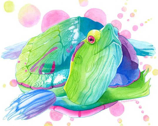 A painting of a red-eared slider turtle in a rainbow motif. The turtle's skin ranges from yellow to green to teal on its face and neck, and from purple to blue to green and yellow on its body. Its shell ranges from yellow to green to blue to purple. The markings are painted in pink and purple, and the turtle has a pink eye.
The background is a starburst composed of circles fading from pink near the turtle to yellow farther out.
This version has teal line art around the turtle.