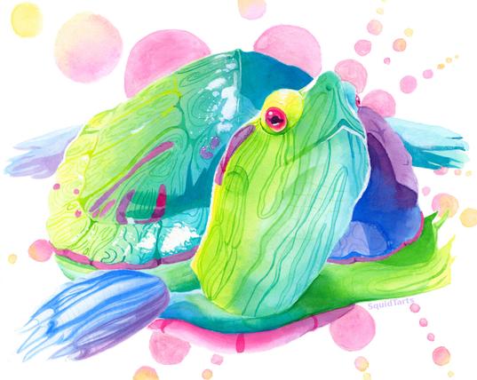 A painting of a red-eared slider turtle in a rainbow motif. The turtle's skin ranges from yellow to green to teal on its face and neck, and from purple to blue to green and yellow on its body. Its shell ranges from yellow to green to blue to purple. The markings are painted in pink and purple, and the turtle has a pink eye.
The background is a starburst composed of circles fading from pink near the turtle to yellow farther out.