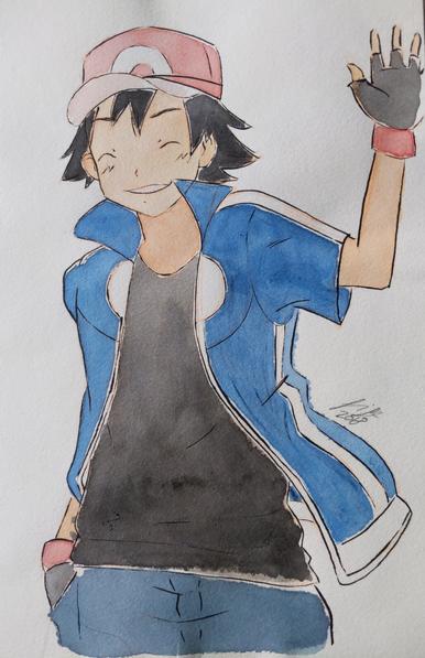 traditional artwork of Ash Ketchum from Pokémon, guy with dark hair and red baseball cap, black shirt, blue white jacket and blue jeans, waving with his right hand