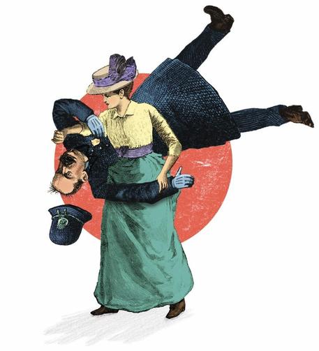 A woman dressed in a long skirt is throwing a big policeman to the ground.