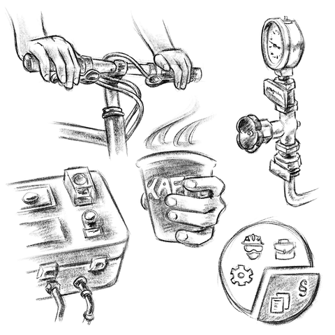 A collage of digital pencil sketches. A close up of the hand-bar of a bicycle with hands, a hand holding a cup of coffee to-go, a valve and an analogue display for pressure, a box with switches and cables coming out of it and a small graphic of a pie chart with some icons.