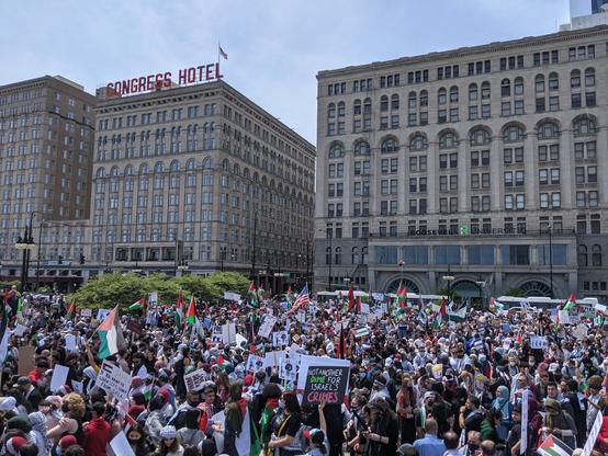 Thousands of people gather across the street from the Congress Plaza Hotel in Chicago in support of Palestine. They are waving flags and holding signs, one of which reads "Not another dime for Israel's crimes"