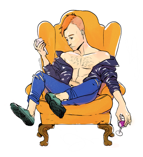 Shirtless, except for a shiny jacket draped loosely around his shoulders, man holding a cellphone in one hand. The other dangling a wine glass. He has a sullen expression as he stares longingly at his phone