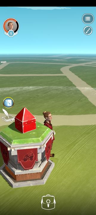 Screenshot of Catan World Explorers. My red figure is standing looking bored next to a hexagonal box which is my in-game home