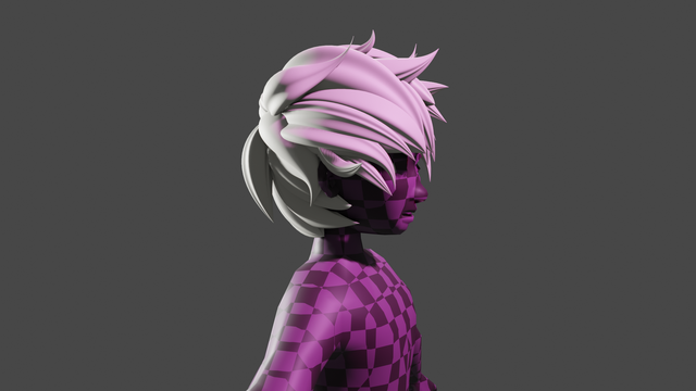 Side view of a 3D character. Their skin in checkerboard pattern. White hair swirling in an animesque fashion.