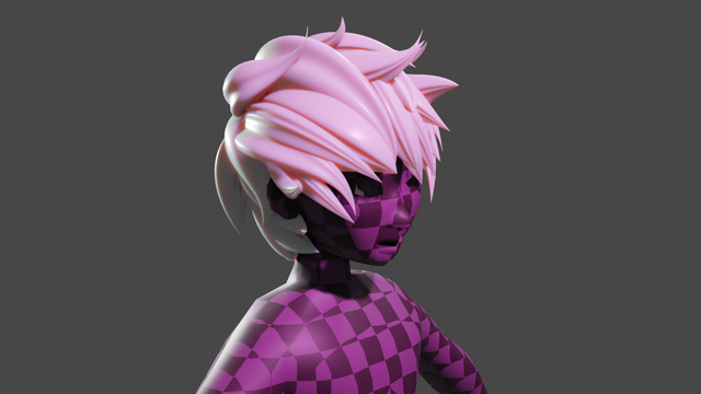3/4 view of a 3D character. Their skin in checkerboard pattern. White hair swirling in an animesque fashion.