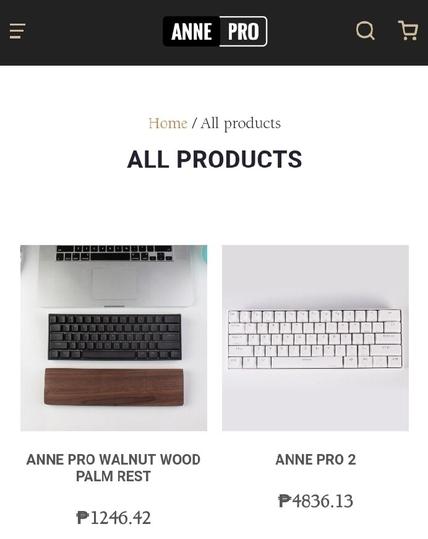 Screenshot of Anne Pro website with web page showing the Anne Pro 2 mechanical keyboard priced at 4,836 pesos