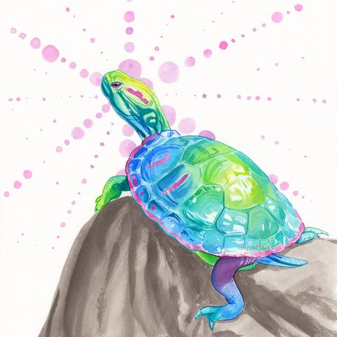 A watercolour painting of a red-eared slider turtle basking on a rock. The turtle is painted in a rainbow palette, with a yellow-to-teal head; blue, teal, green, and yellow shell; and yellow, green, blue, and purple legs and tail. The red parts of the turtle are painted in purple and pink, and a pink starburst pattern is painted in broken circles radiating from the turtle's head. The rock the turtle is basking on is painted in greyscale.