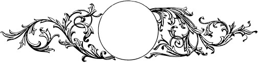 A line art illustration of a circular frame surrounded left and right with decorative acanthus leaves and swirls.