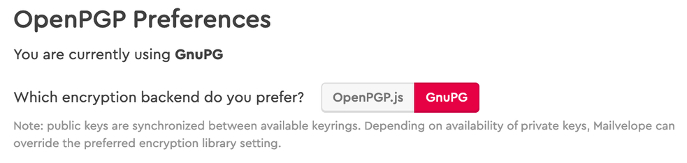 Screenshot of the Mailvelope add-on user interface which allows to choose between OpenPGP.js and a local GnuPG installation