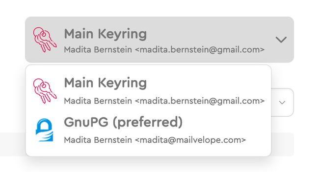 Screenshot of the Mailvelope add-on user interface which allows to choose between an internal Mailvelope keyring and the local system's GnuPG keyring