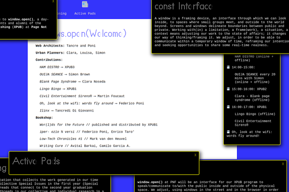 Screenshot of the window.open() website. We can see an interface mimicking a desktop environment, with draggable windows, each window contains information about the different activities of the day.