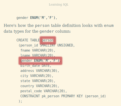 Text with “person”  and “ gender ENUM('M','F'),” markt.

Full text:

Learning SQL

 gender ENUM('M','F'),

Here's how the person table definition looks with enum data types for the gender column:

    CREATE TABLE person
     (person_id SMALLINT UNSIGNED,
      fname VARCHAR(20),
      lname VARCHAR(20),
      gender ENUM('M','F'),
      birth_date DATE,
      address VARCHAR(30),
      city VARCHAR(20),
      state VARCHAR(20),
      country VARCHAR(20),
      postal_code VARCHAR(20),
      CONSTRAINT pk_person PRIMARY KEY (person_id)
     );