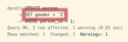 Text:
“SET gender = 'Z'” is markt.

Full Text:

   mysql> UPDATE person
        -> SET gender = 'Z'
        -> WHERE person_id = 1;
    Query OK, 1 row affected, 1 warning (0.01 sec)
    Rows matched: 1  Changed: 1  Warnings: 1