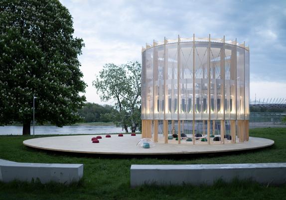 Circular timber AirBubble exterior wrapped in EFTE member