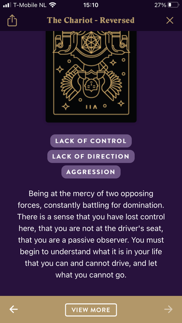 Screen grab of the Labyrinthos description for the reversed Chariot card