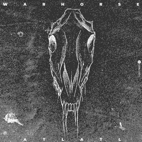 black and white webCover of release Warhorse Atlatl with an animal skull color inverted and dither noise