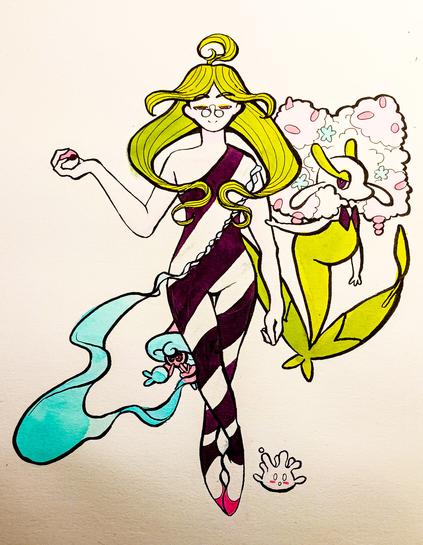 Kosmas with long flowy hair in a spiral one piece suit and a flowy band around him, accompanied by a florges, hattrem and milcery from pokemon