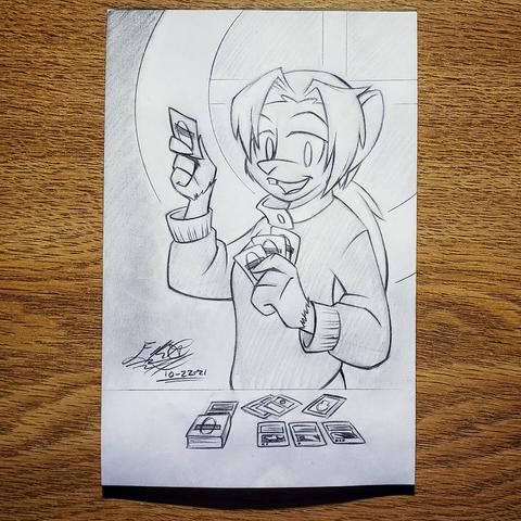 Traditional pencil pic of the mousy witch from the Dreamcatcher pic. She playtests her latest Rat deck while waiting for her next client to fall asleep. She's technically still in uniform but rocks a light jacket with a thick collar over her fancy suit for a quick change. Her gloves are in her pocket as they make shuffling her Magic cards difficult.