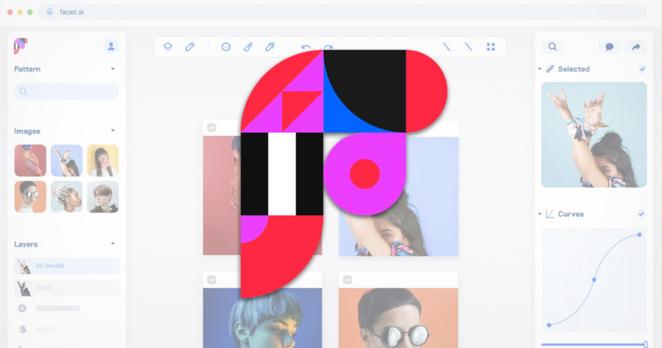 Facet logo over a stylized editing background