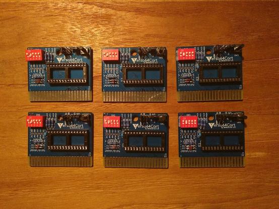 6 Versa64Cart EPROM cartridges for the Commodore 64 which I have soldered tonight.