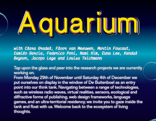 Screenshot of the site:

"with Clara Gradel, Floor van Meeuwen, Martin Foucaut, Camilo Garcia, Federico Poni, Nami Kim, Euna Lee, Kendal Beynon, Jacopo Lega and Louisa Teichmann

Tap upon the glass and peer into the research projects we are currently working on. From Monday 29th of November until Saturday 4th of December we put ourselves on display in the window of De Buitenboel as an entry point into our think tank. Navigating between a range of technologies, such as wireless radio waves, virtual realities, sensors, ecological and diffractive forms of publishing, web design frameworks, language games, and an ultra-territorial residency; we invite you to gaze inside the tank and float with us. Welcome back to the ecosystem of living thoughts."