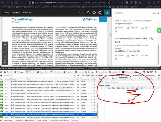 Screenshot of a paper opened in elsevier's PDF view on the top, and on the bottom viewing network traffic, showing a POST request to a newrelic server with a 'pointerdown' event